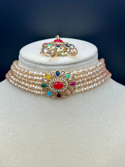 Meher Pearl Choker Set (Includes Earrings & Tikka)