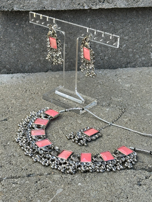 Manya Silver Necklace Set (Includes Earrings & Tikka)