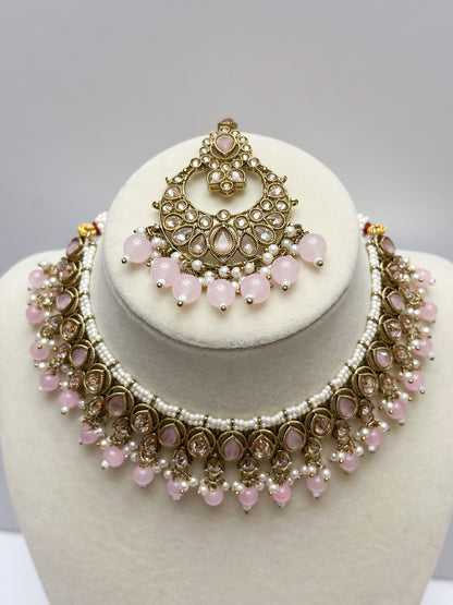 Mira Polki Necklace Set (Includes Earrings & Tikka)