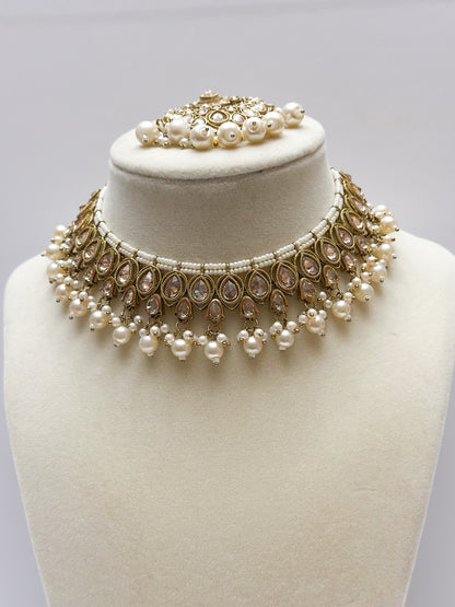 Mira Polki Necklace Set (Includes Earrings & Tikka)