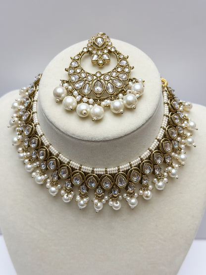 Mira Polki Necklace Set (Includes Earrings & Tikka)