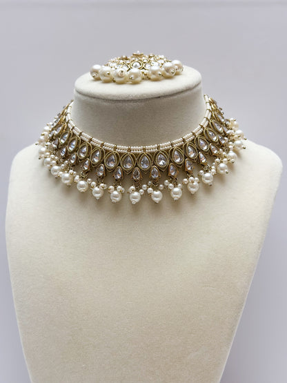 Mira Polki Necklace Set (Includes Earrings & Tikka)